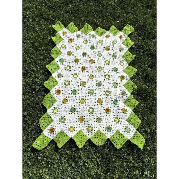 Handmade Other - GRANNY SQUARE Crochet Afghan Handmade White Green Multicolor Squares 36"x51"